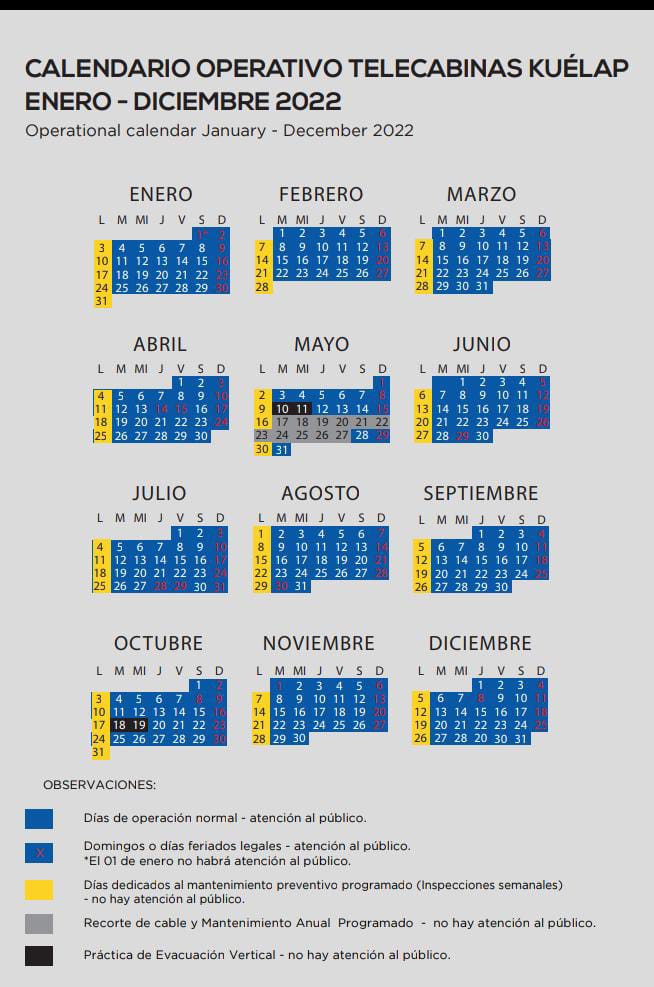 Calendario Operativo Telecabinas Kuélap - 2022